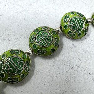 Handcrafted Vintage Green Enamel Beaded Bracelet With Ornate Silver-Tone Detaili